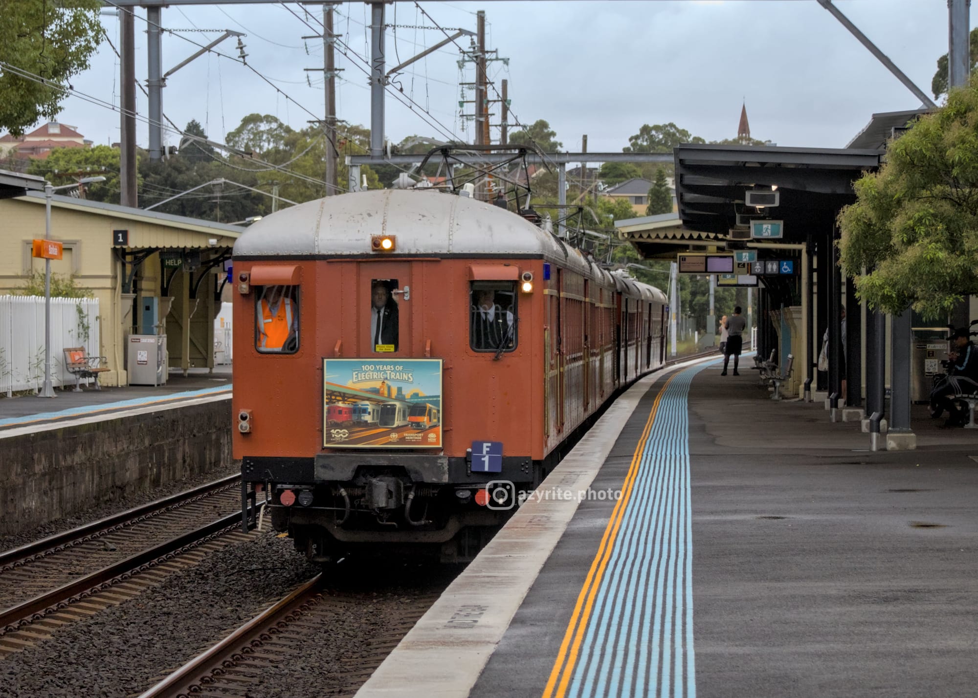 Front view of brown single-deck heritage train with a silver roof passing through a leafy suburban platform on a cloudy morning. A special artistic headboard depicting trains with "100 YEARS OF ELECTRIC TRAINS" written on it is visible.