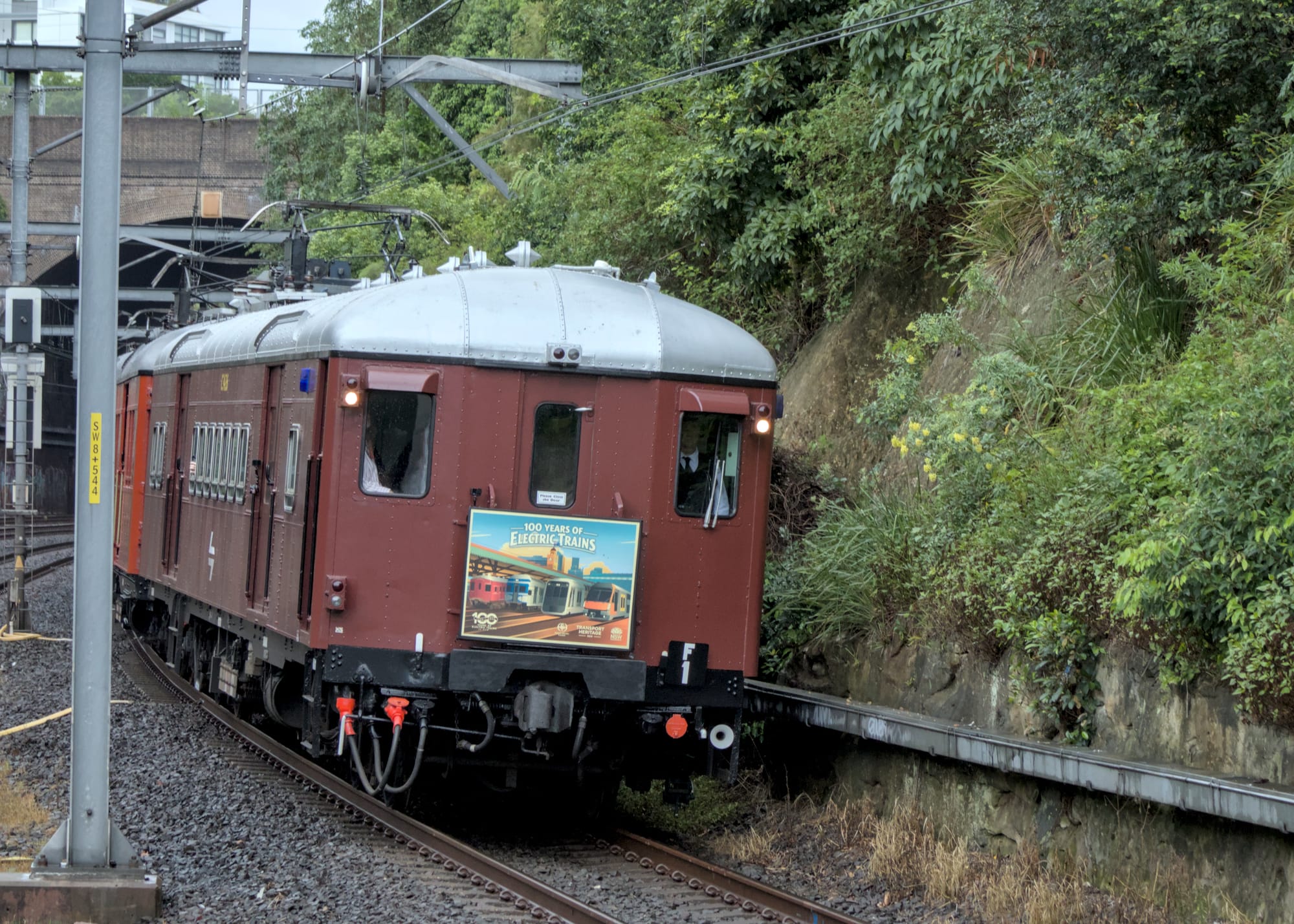 Side view of silver-roofed heritage train rounding a curve in a leafy cutting with a darkened tunnel visible in the background and steel gantries visible to the left of the train