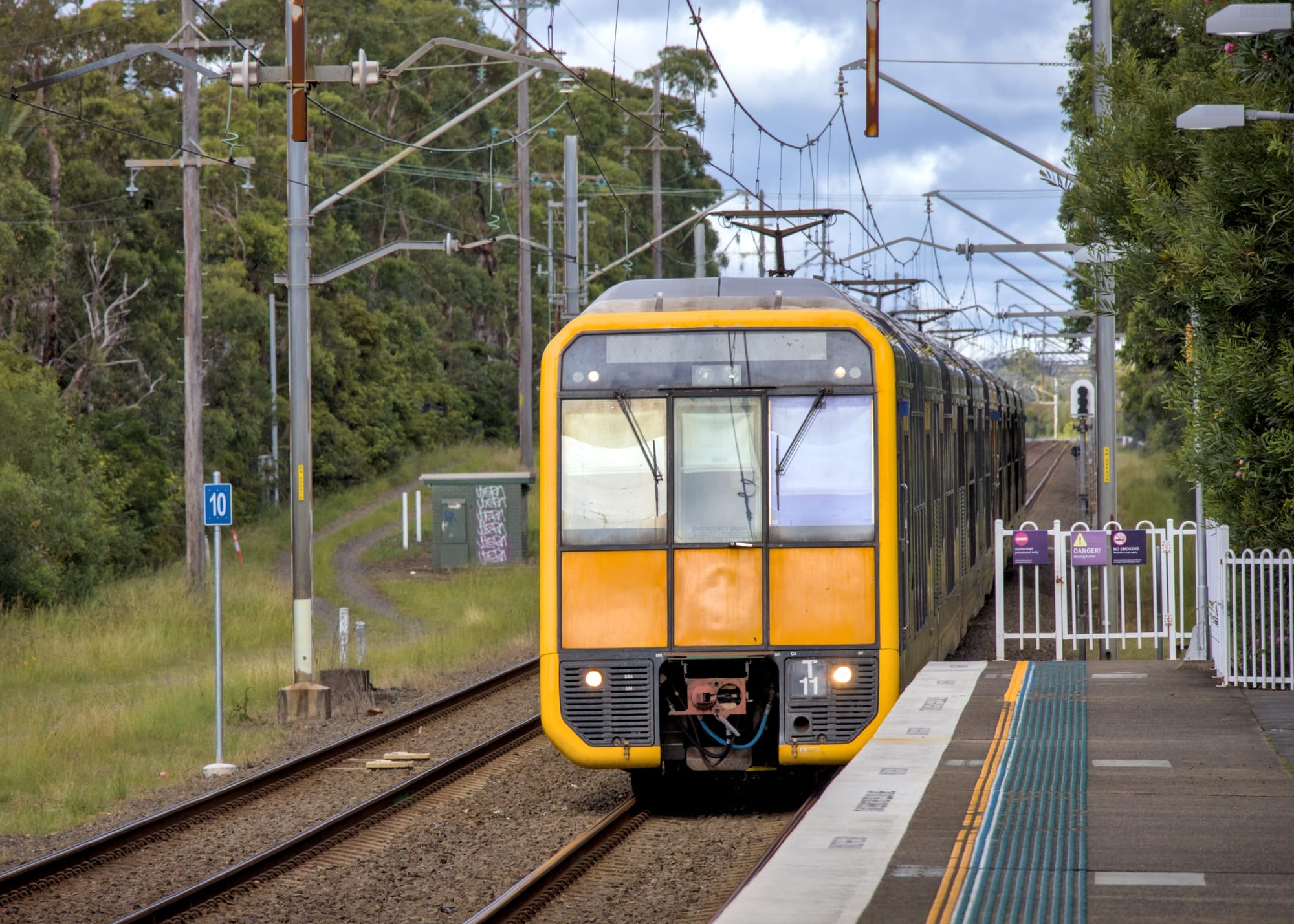Yellow-fronted suburban train approaches the platform threshold under wires, with the rail corridor flanked by greenery