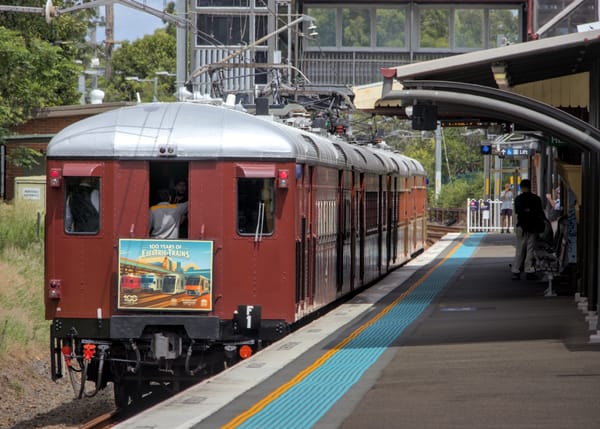Rear view of a brown heritage train, passing through a platform with bright tacticle tiles